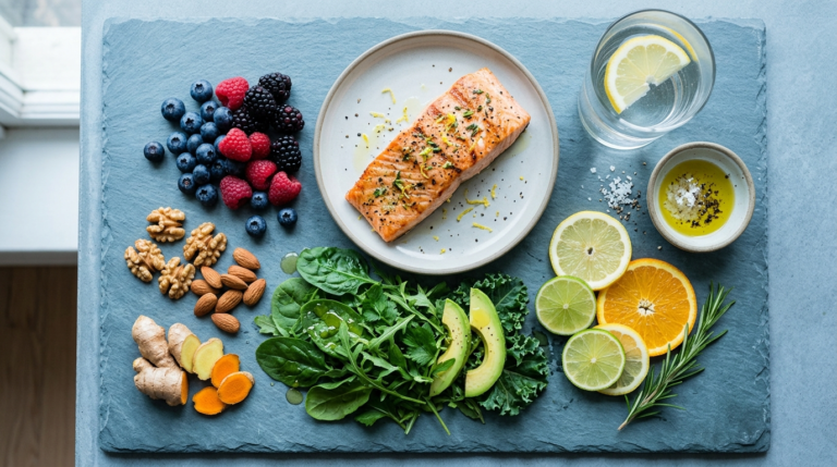 Fresh recovery foods for acute and chronic inflammation on a cool slate surface