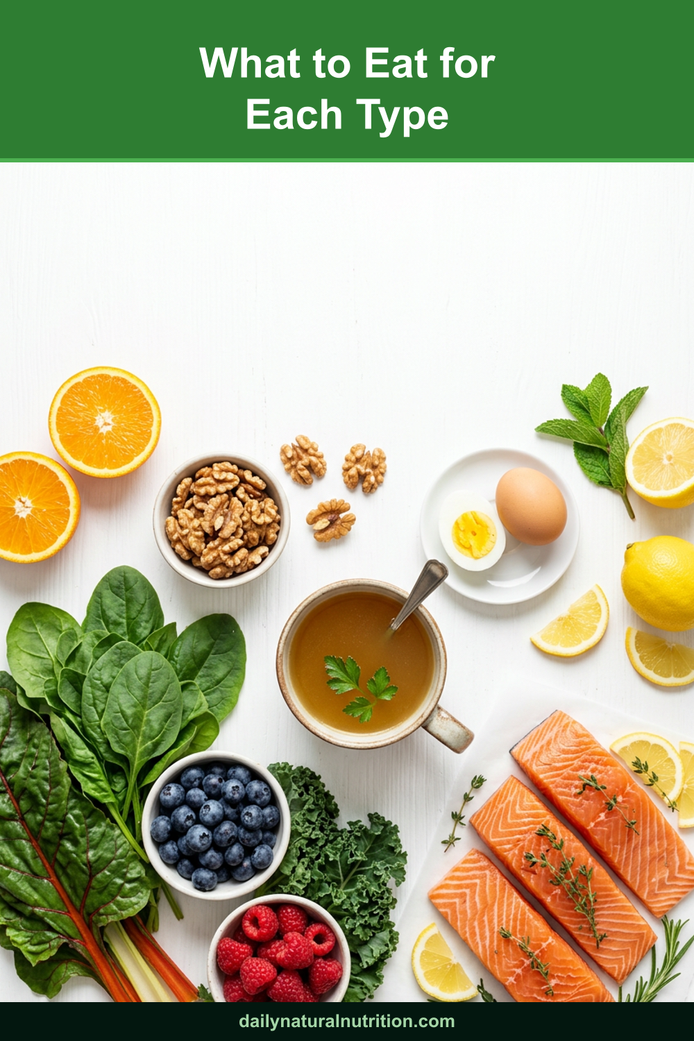 Foods to eat for acute and chronic inflammation on a white background