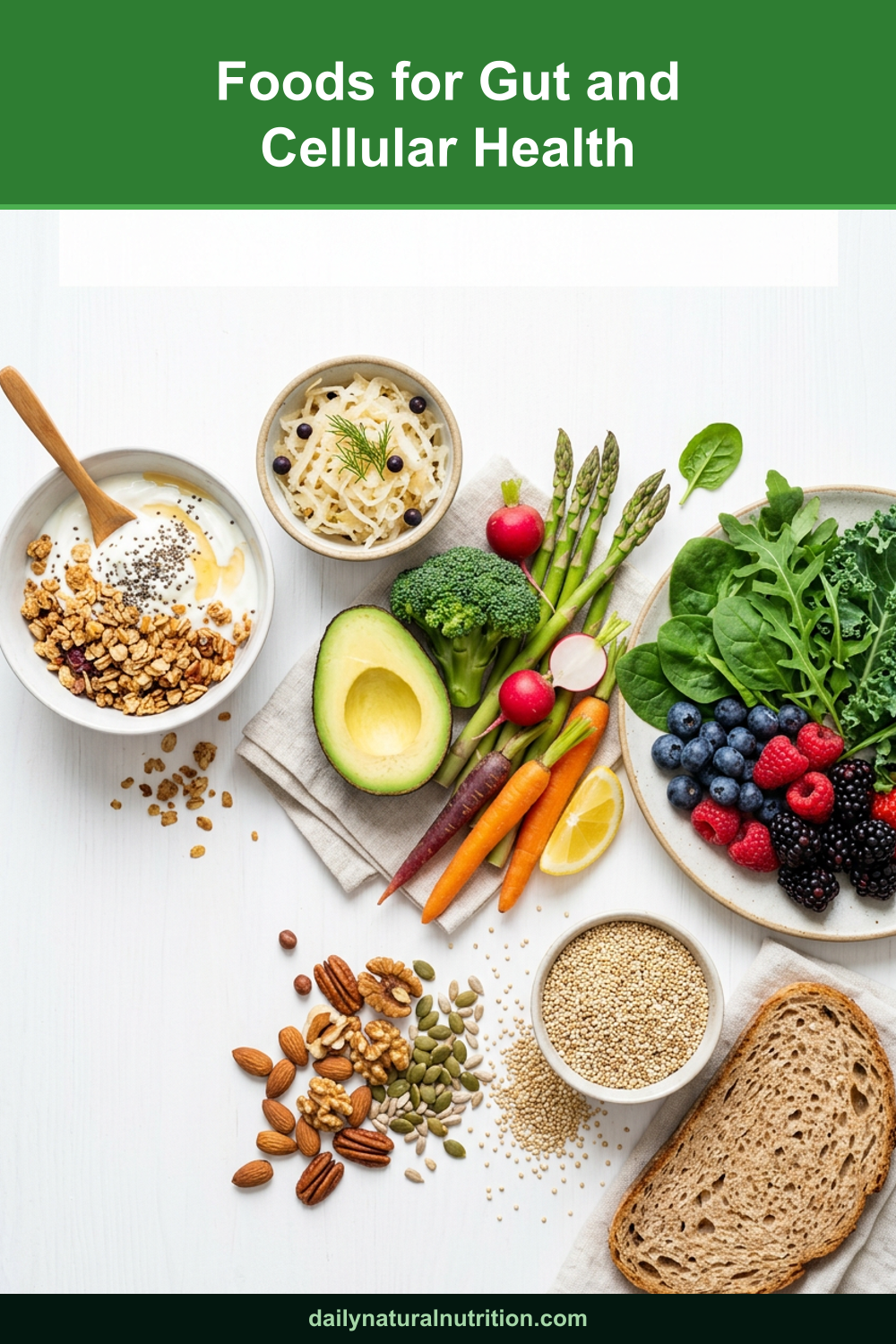 Gut and cellular health foods for inflammation on a white background