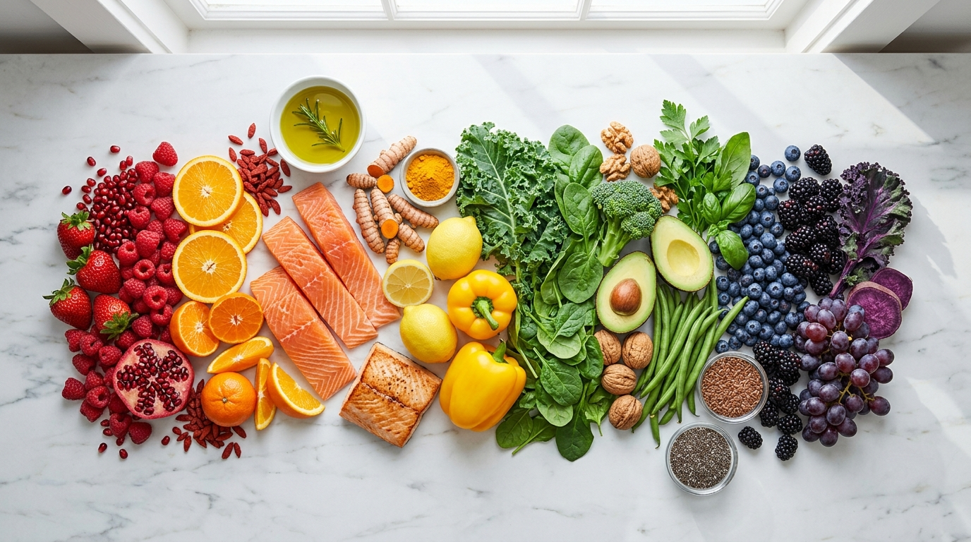 Colorful spread of the best anti-inflammatory foods for pain and swelling