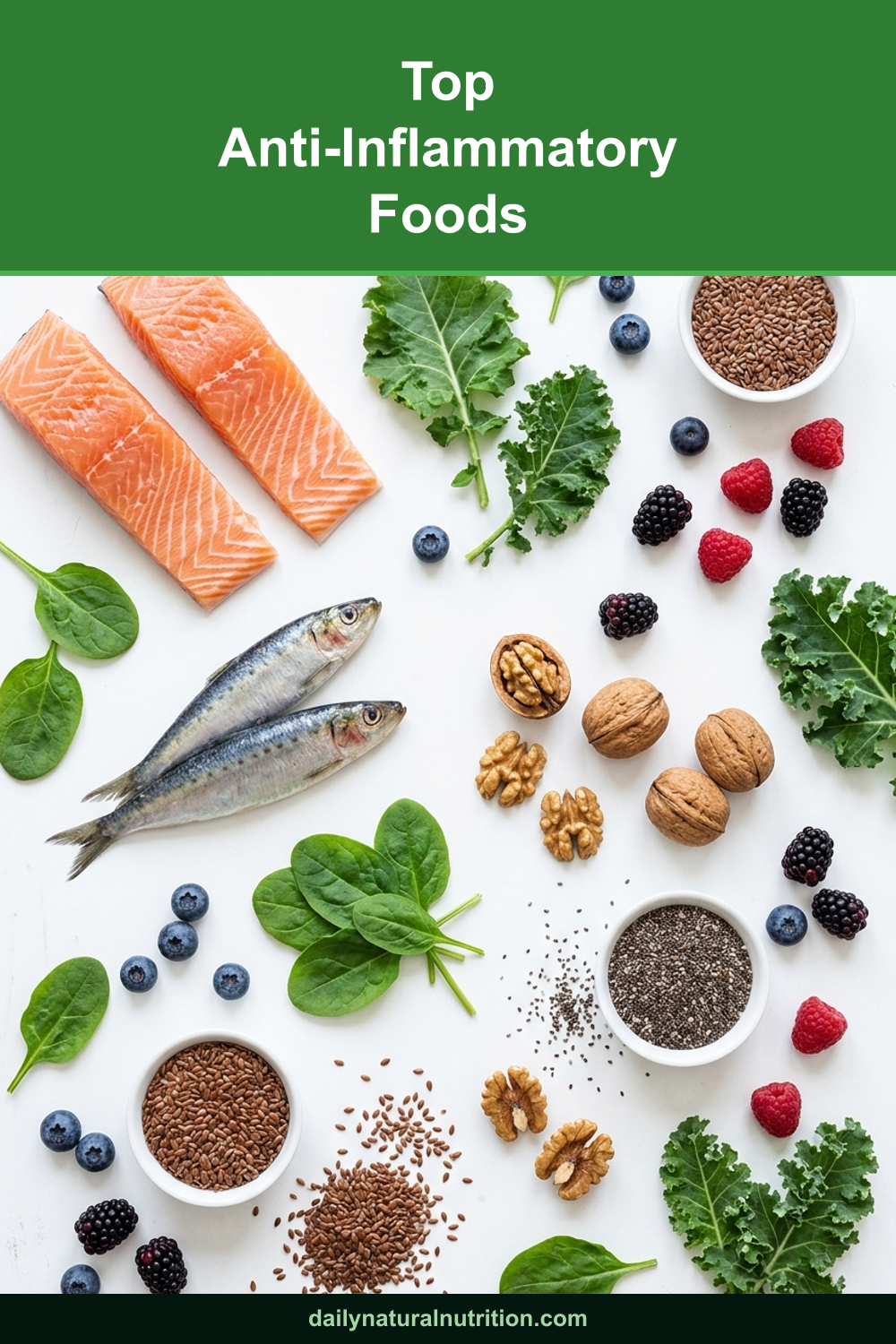 Top anti-inflammatory omega-3 foods scattered on a white background