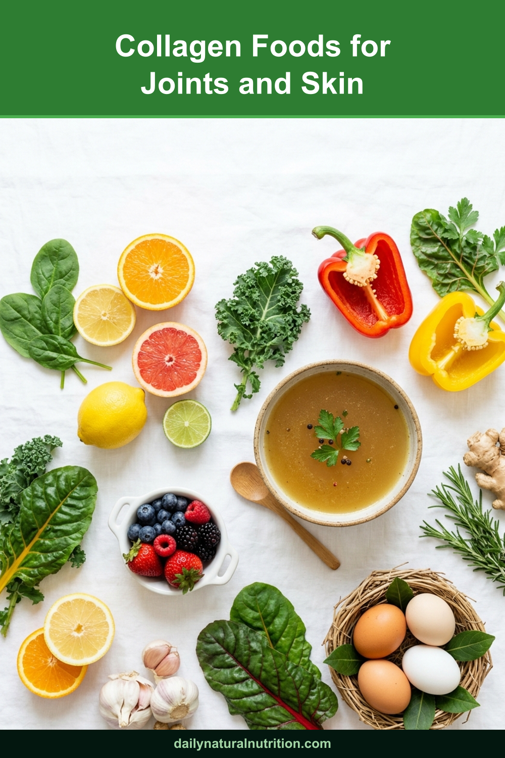 Collagen foods for joints and skin scattered on a white background