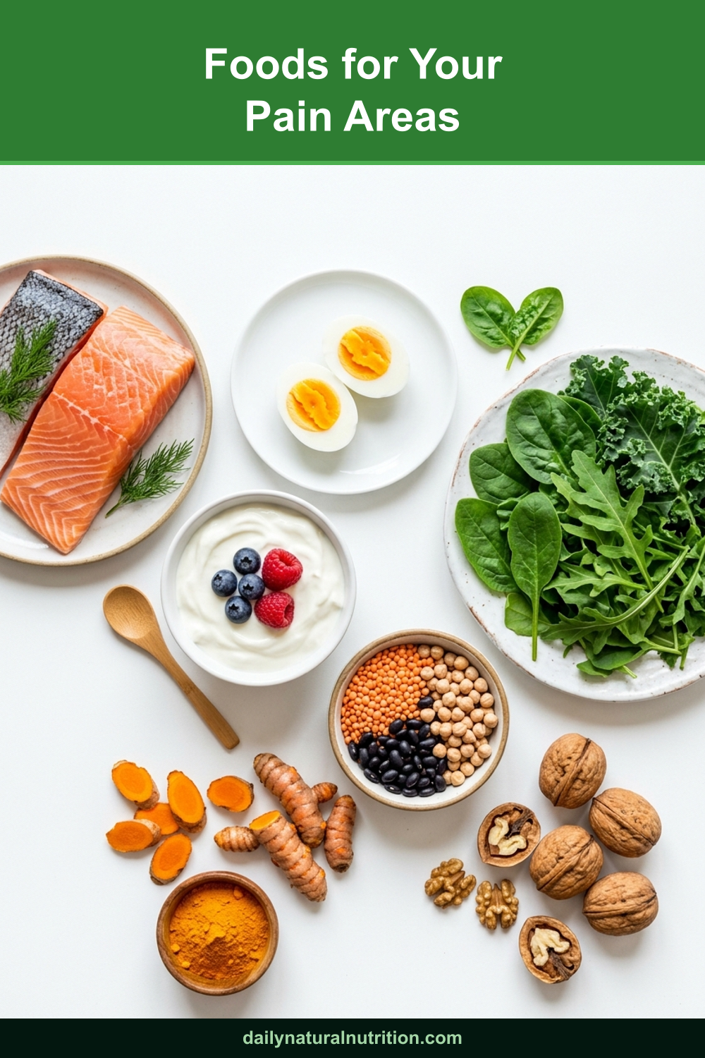 Protein and joint friendly foods for your pain areas on a white background