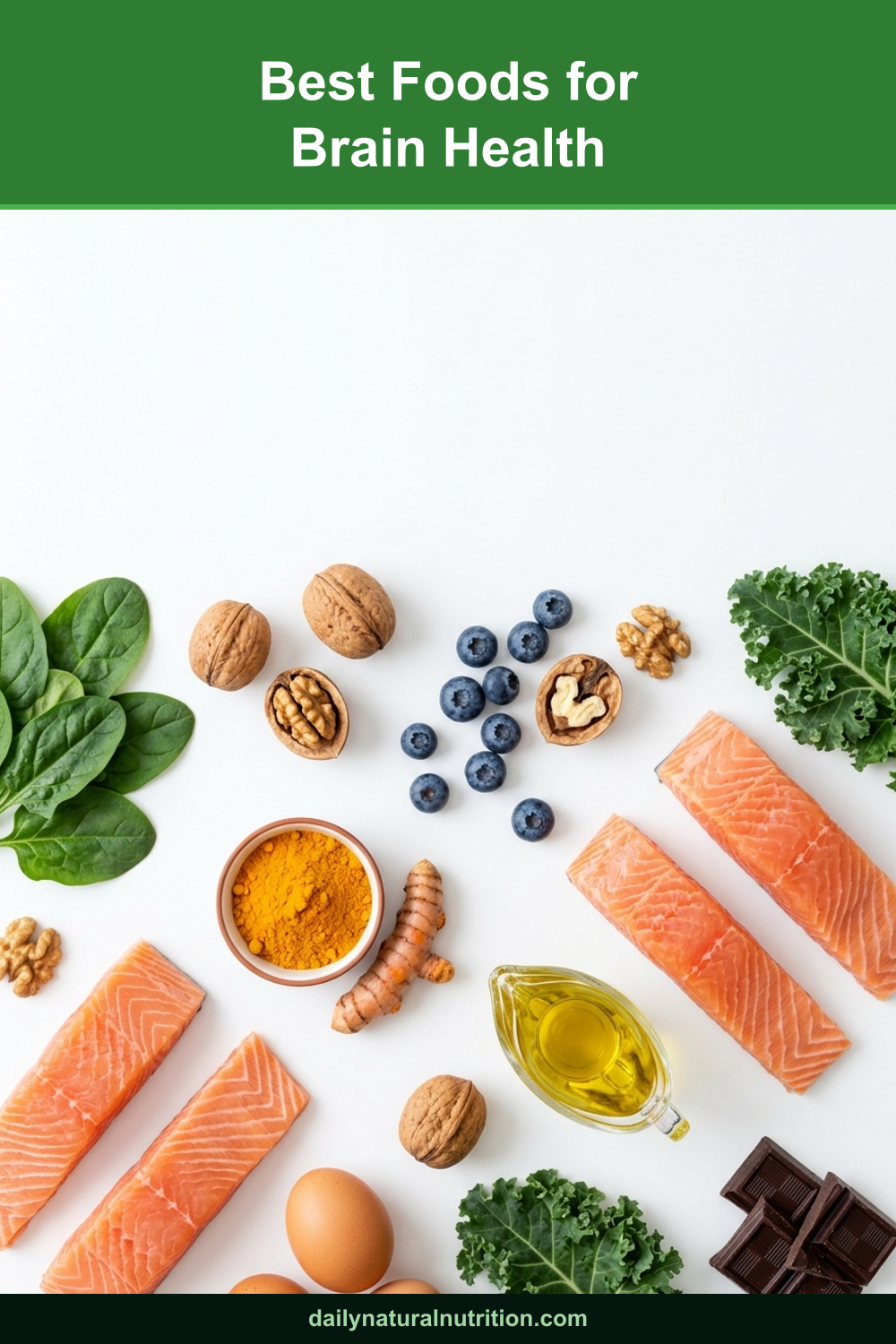 Best foods for brain health scattered on a white background