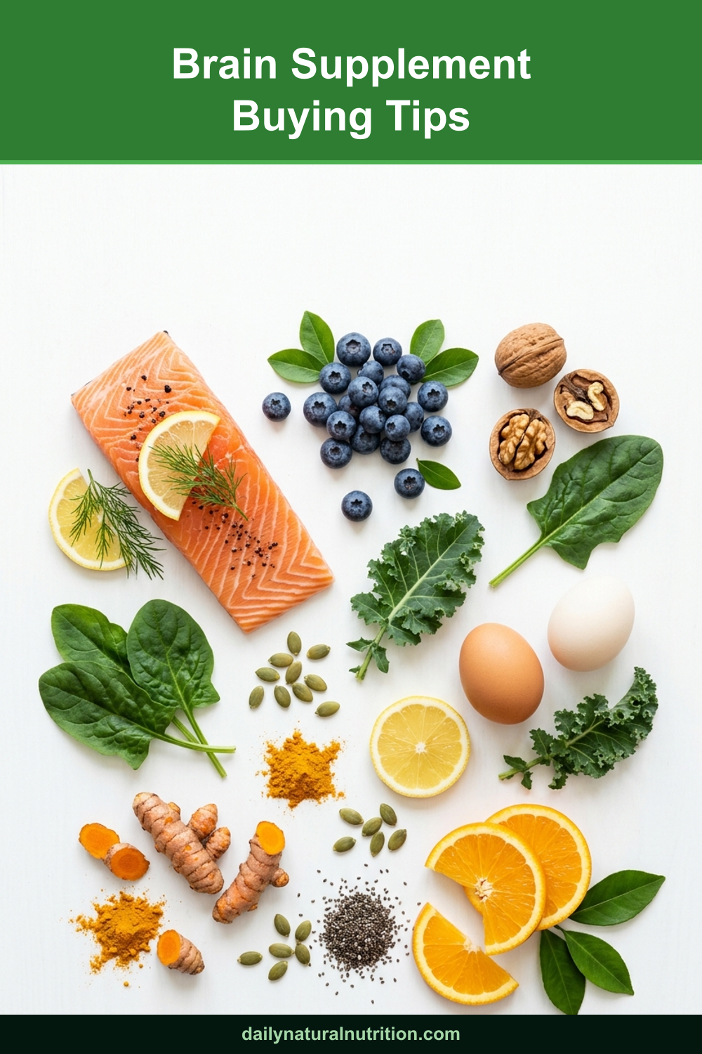 Brain supplement and brain healthy foods on a white background