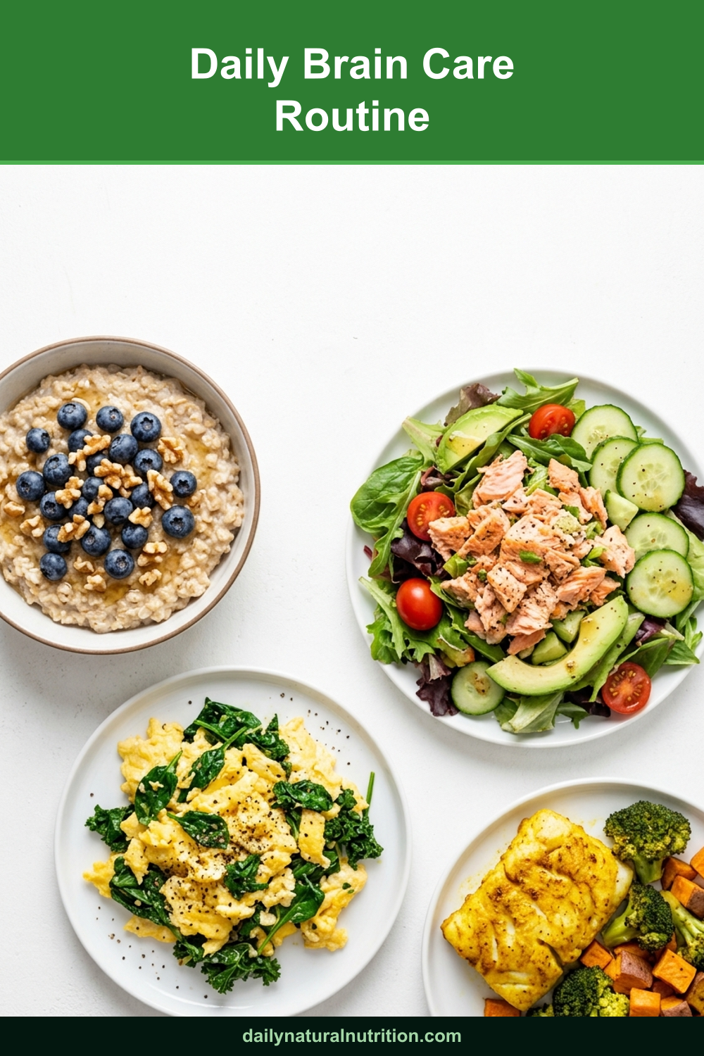 Daily brain care routine foods on a white background