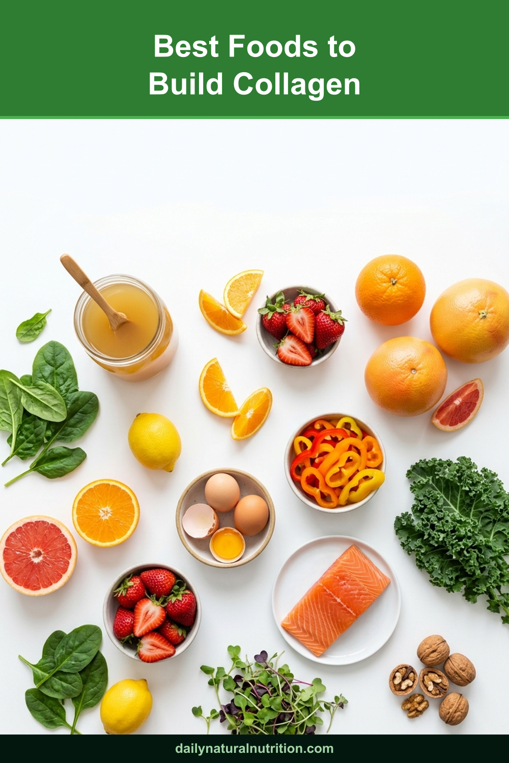 Best foods to build collagen scattered on a white background