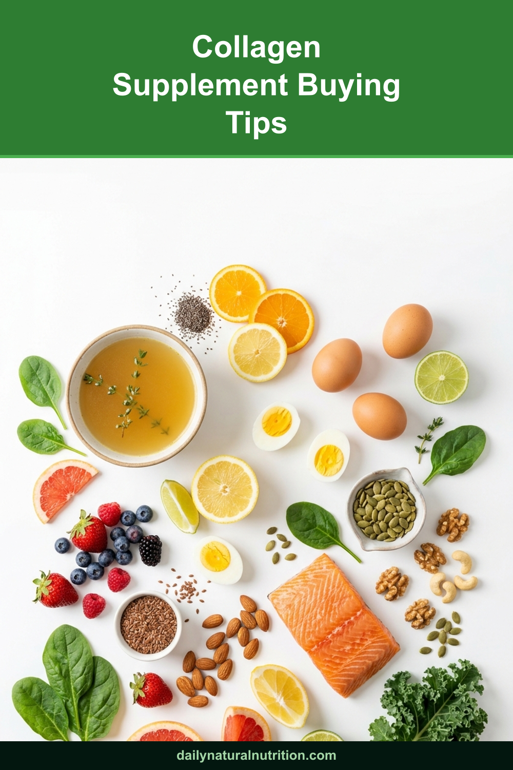 Collagen supplement and collagen rich foods on a white background