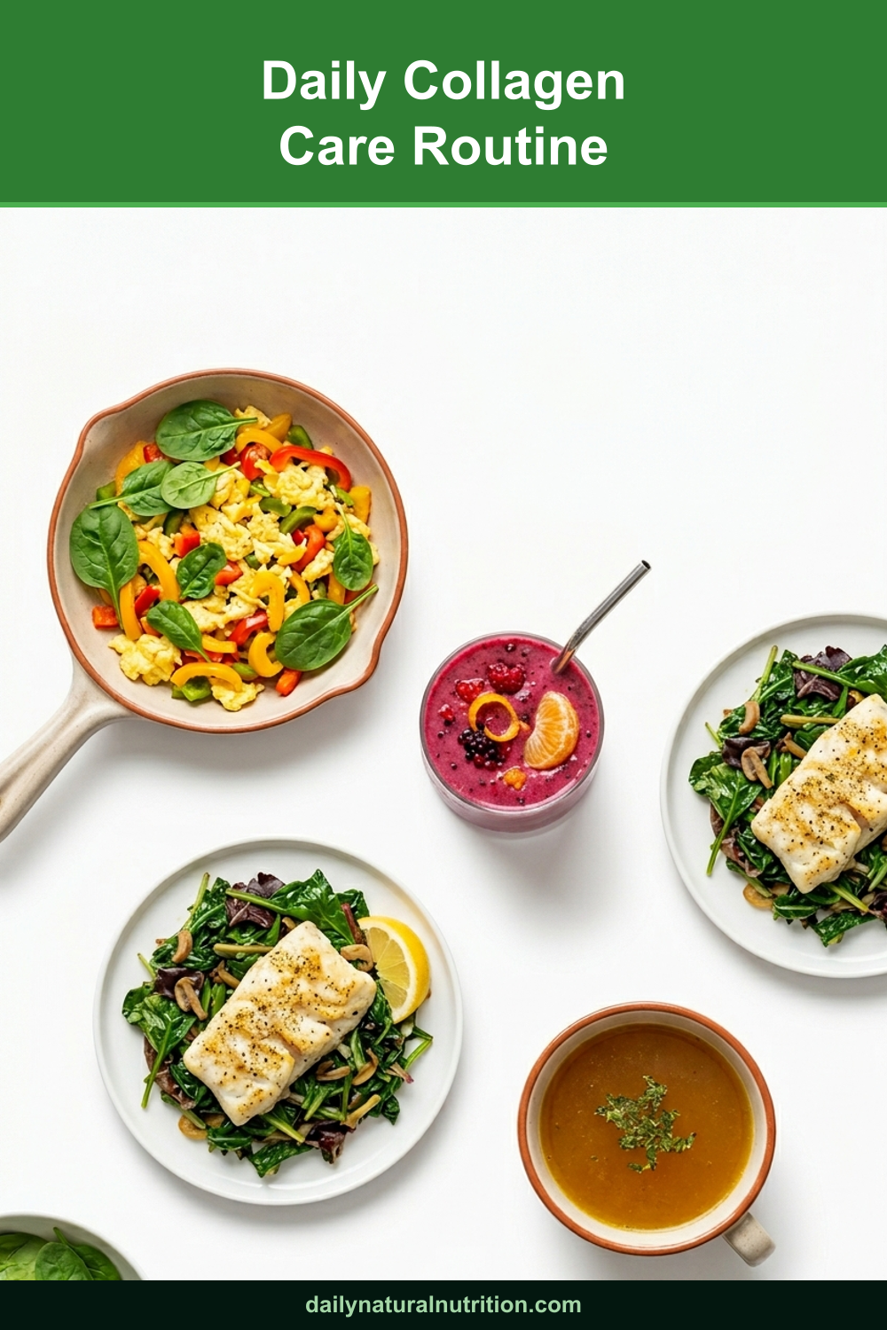 Daily collagen care routine foods on a white background