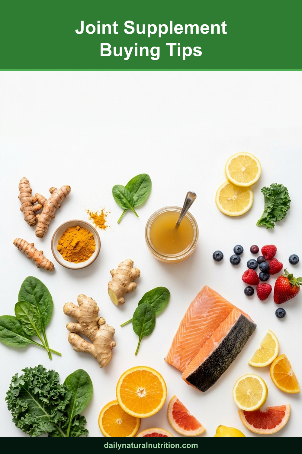 Joint supplement and anti-inflammatory foods on a white background
