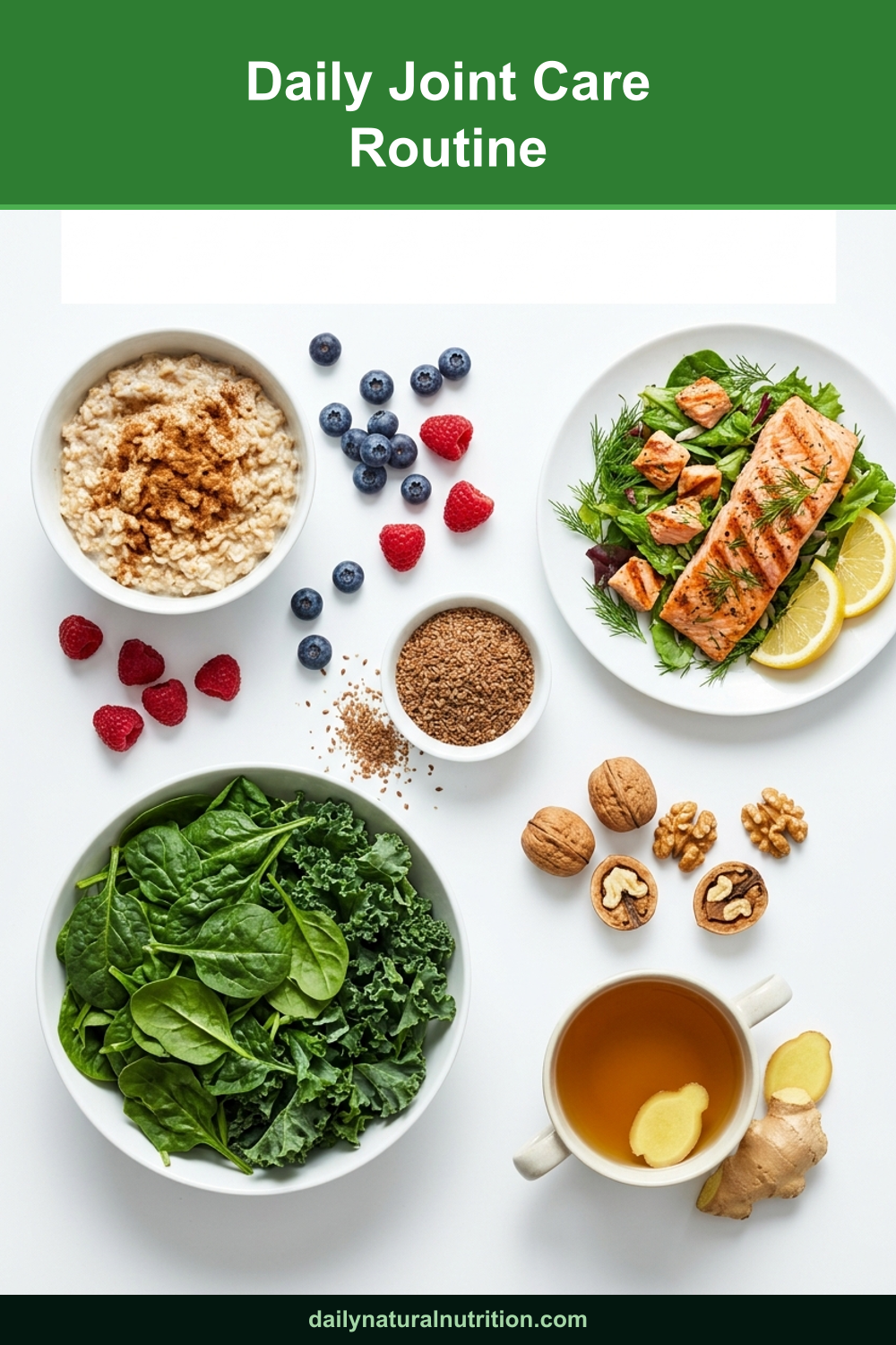 Daily joint care routine foods on a white background