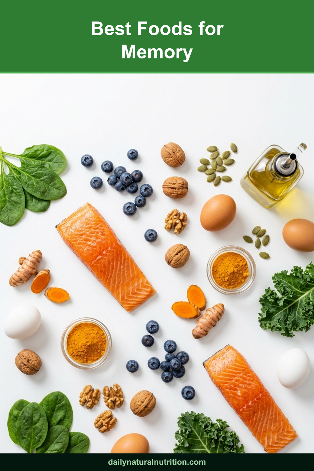 Best foods for memory scattered on a white background