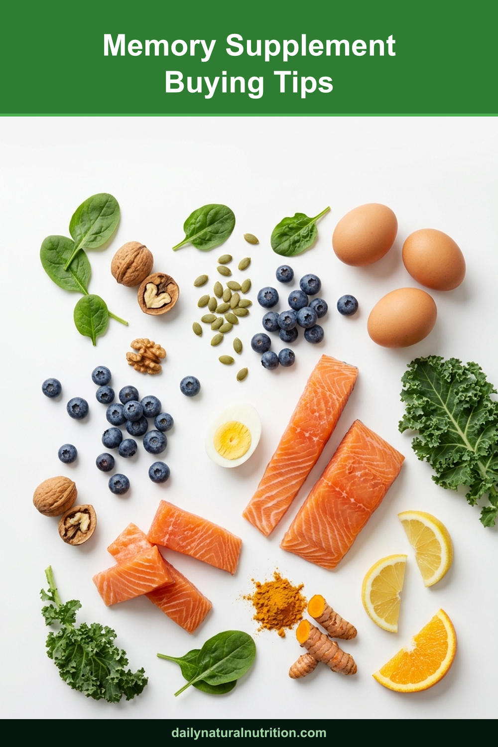 Memory supplement and memory boosting foods on a white background