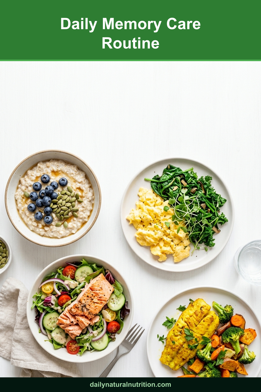 Daily memory care routine foods on a white background