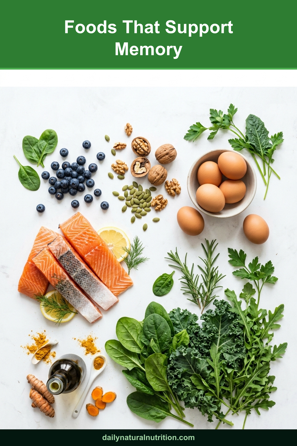 Foods that support memory scattered on a white background