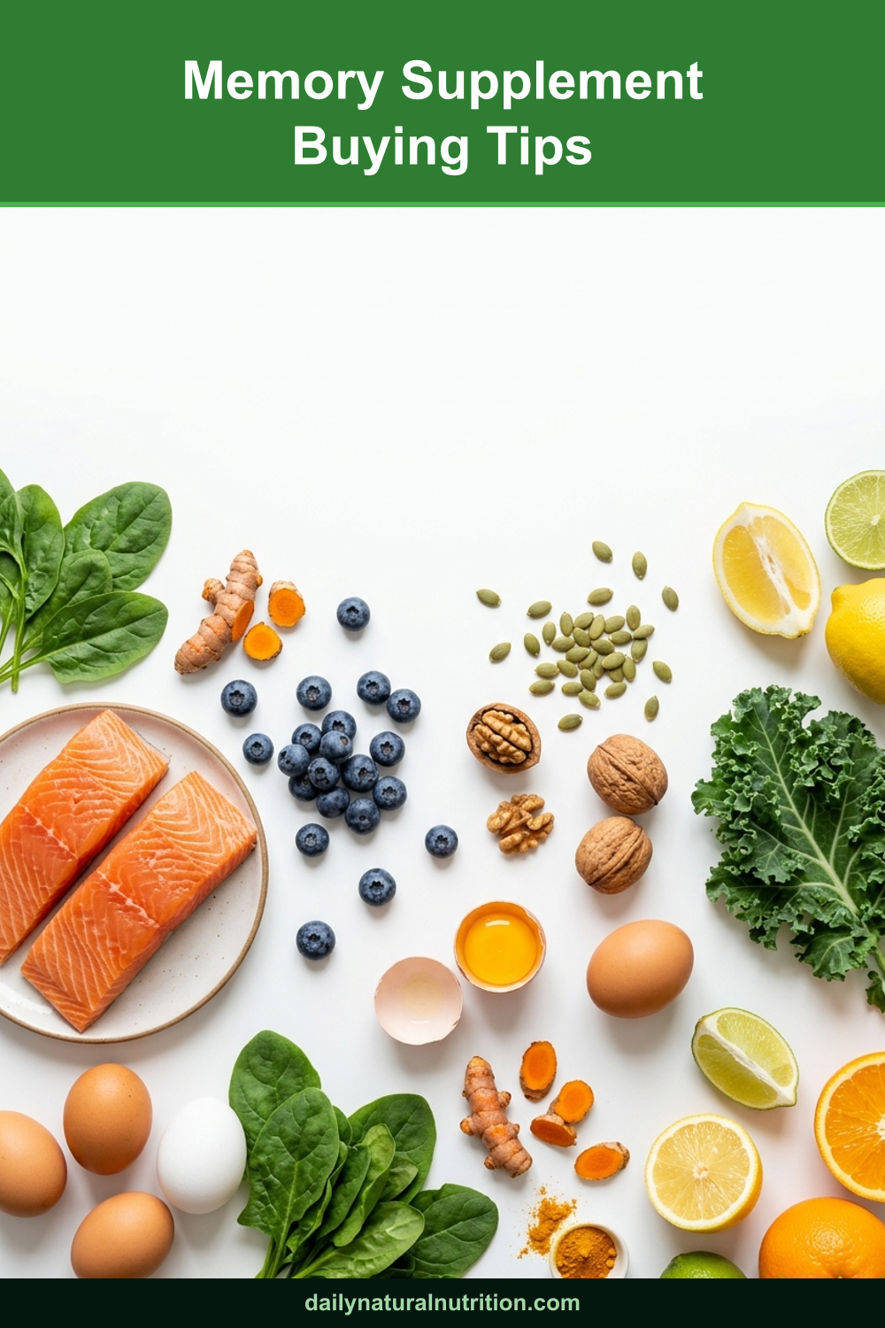 Memory loss supplement and brain boosting foods on a white background