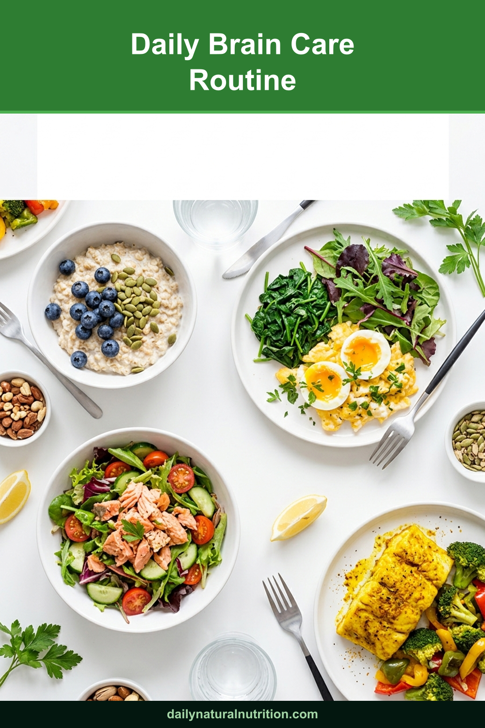 Daily brain care routine foods on a white background