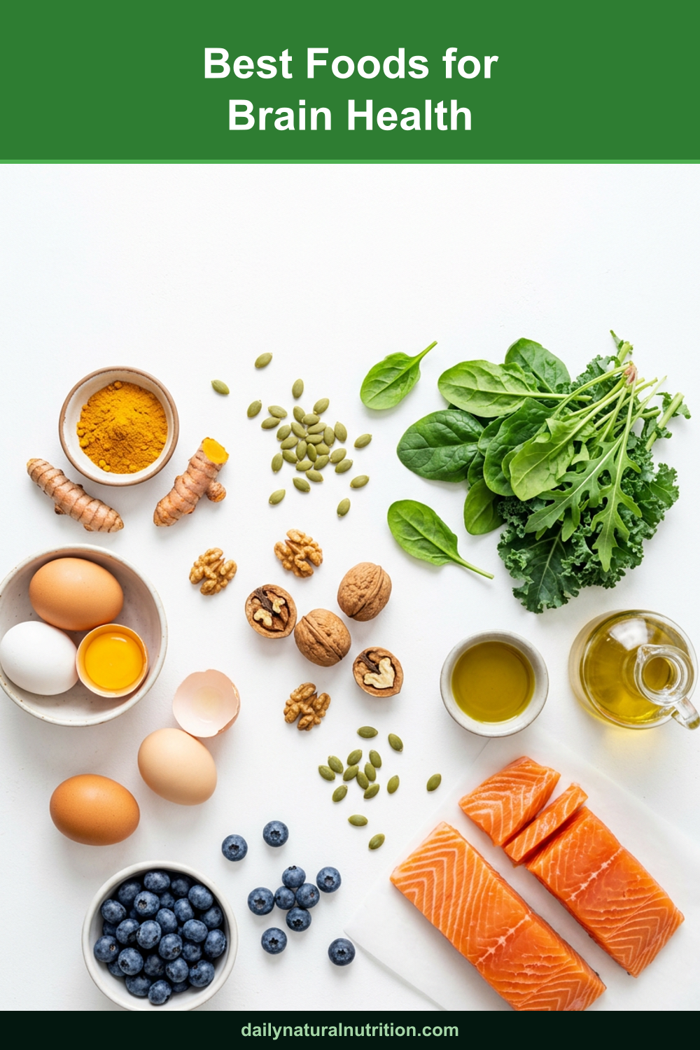 Best foods for brain health scattered on a white background