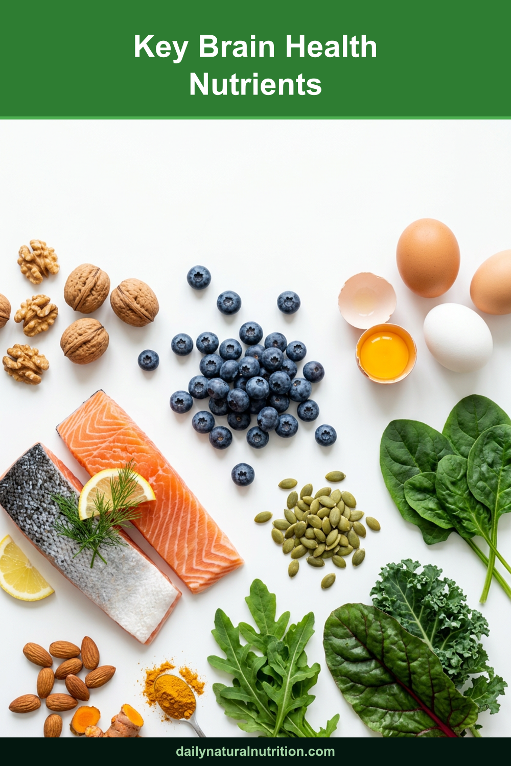 Key brain health nutrients and foods on a white background