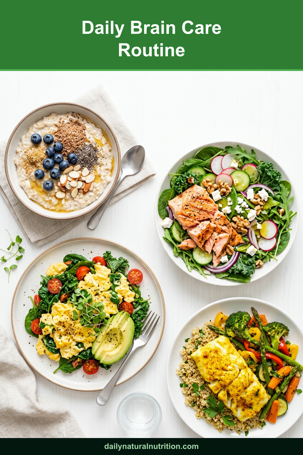 Daily brain care routine foods on a white background
