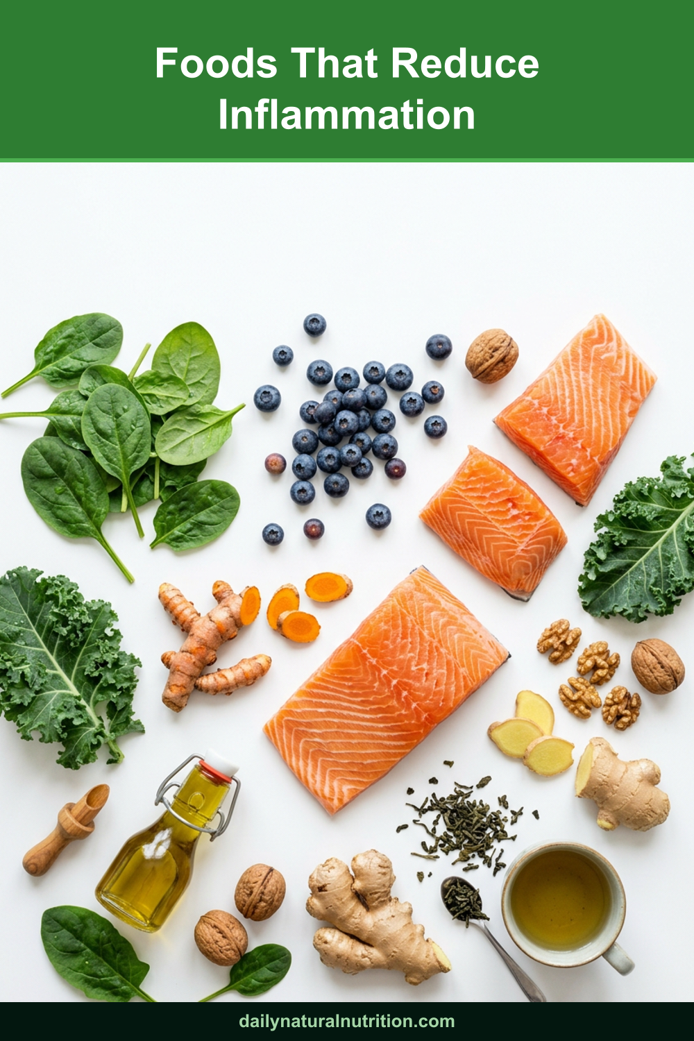 Foods that reduce inflammation scattered on a white background