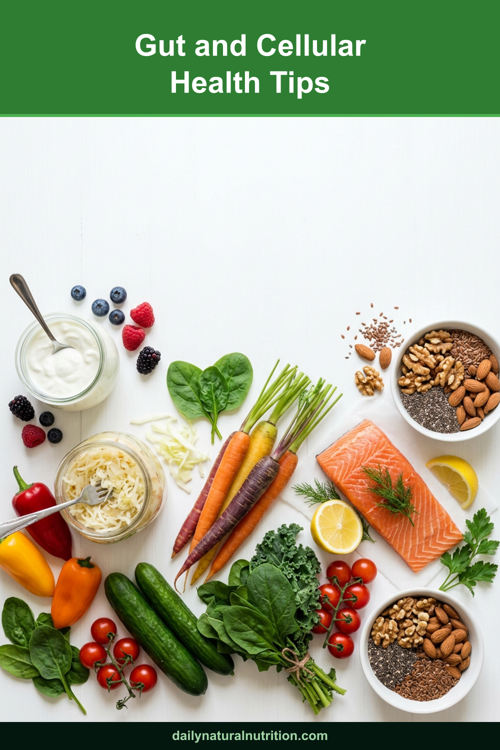 Gut and cellular health foods that lower inflammation on a white background