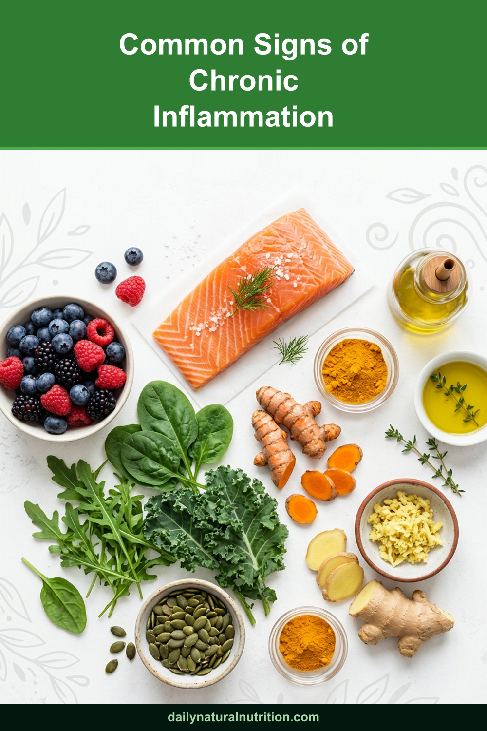 Anti-inflammatory foods next to common signs of chronic inflammation