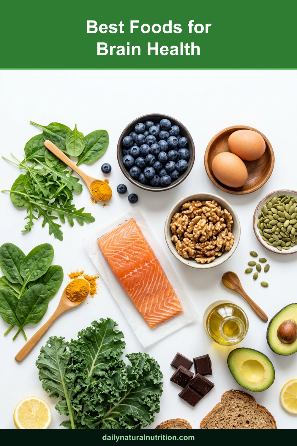 Best foods for brain health scattered on a white background