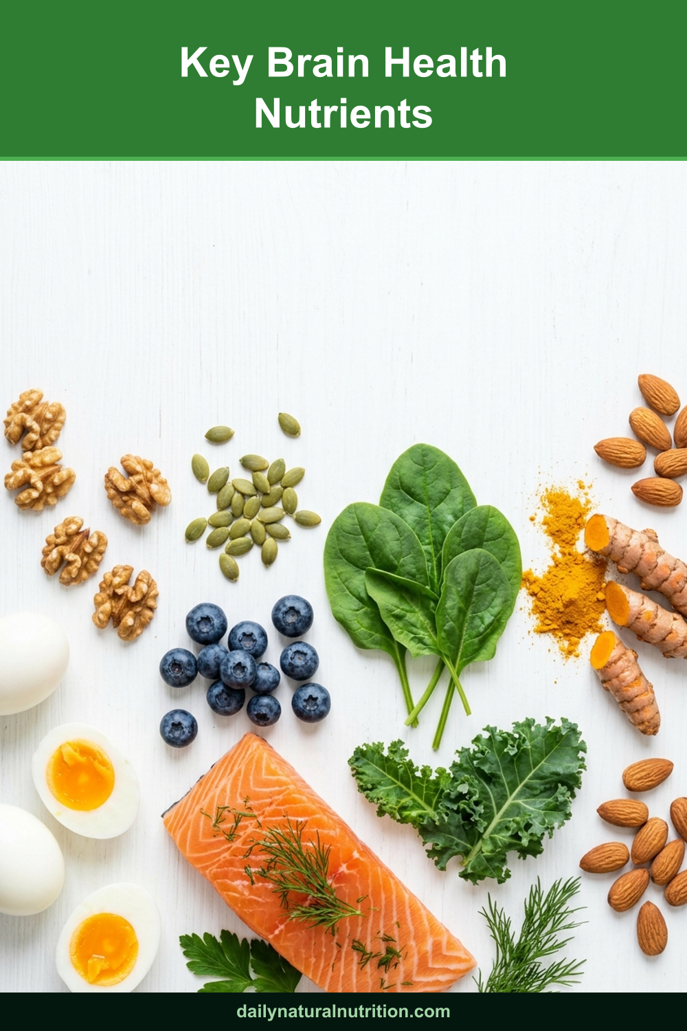 Key brain health nutrients and foods on a white background