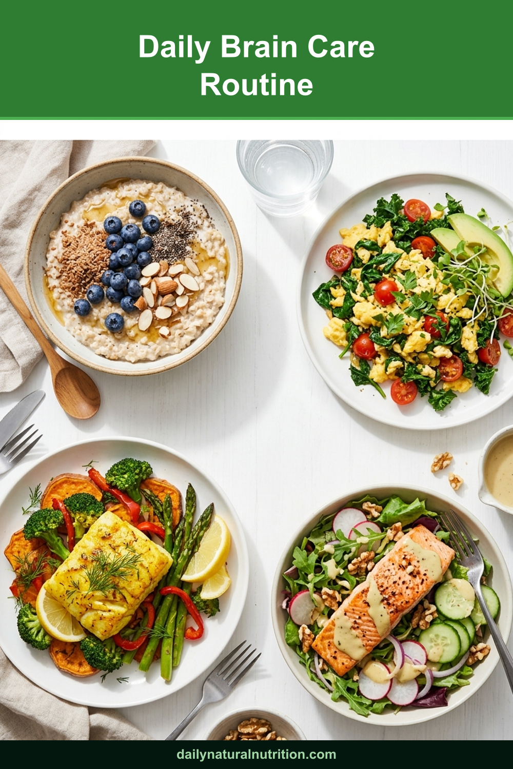 Daily brain care routine foods on a white background